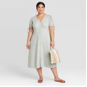 Universal Thread Polka Dot Short Sleeve Button-Front Linen Dress Green 3X